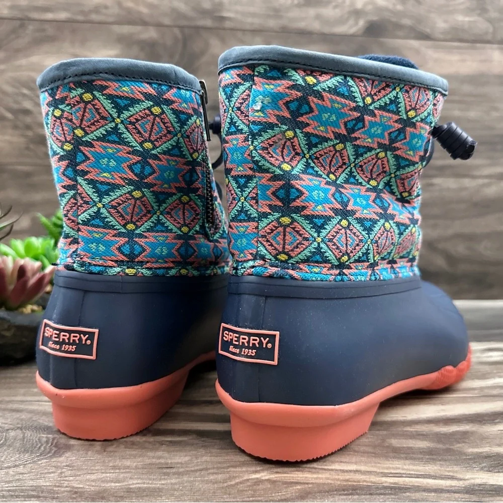 NIB Sperry Saltwater Serape Textile Geometric Navy Waterproof Duck Rain Boots - Picture 9 of 13